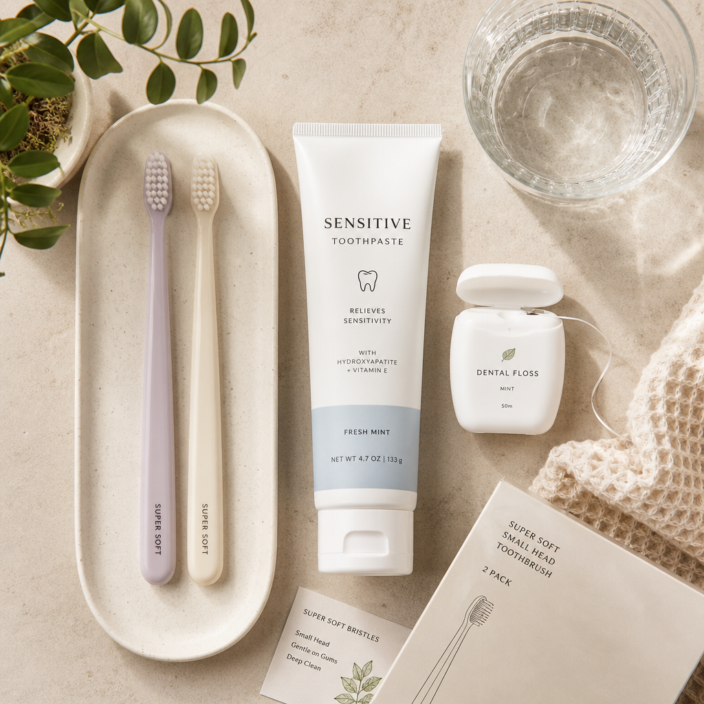 Flatlay arrangement of small-headed toothbrushes and sensitive gum care dental products