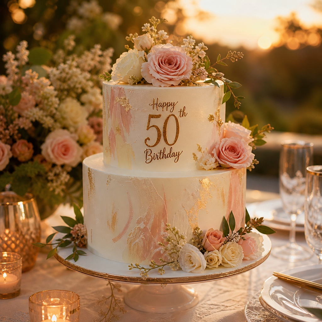 Elegantly decorated milestone birthday cake as celebration centerpiece