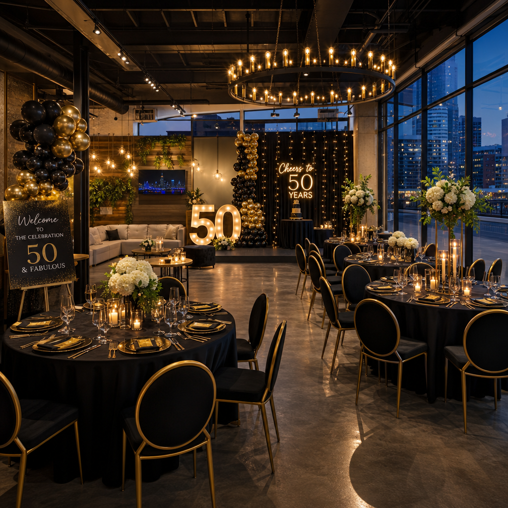Contemporary decorated venue ready for milestone birthday party