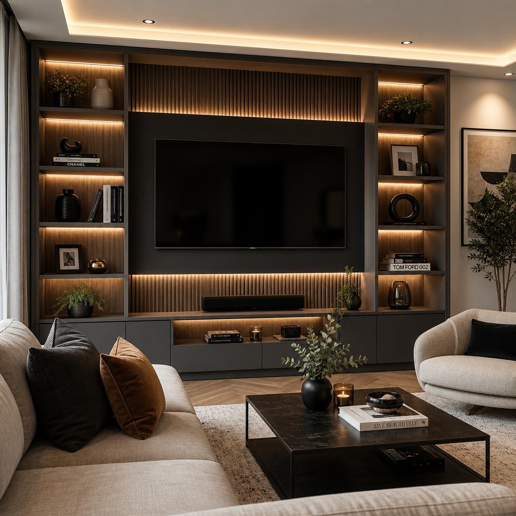 Stylish living room with bespoke media wall and integrated shelving.