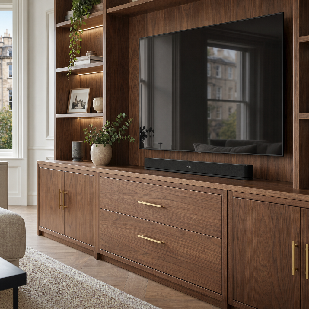 Close-up of custom joinery media wall in an Edinburgh home.