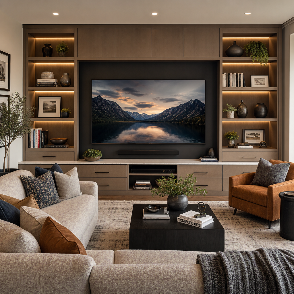 Family room with bespoke media wall integrating storage and television.