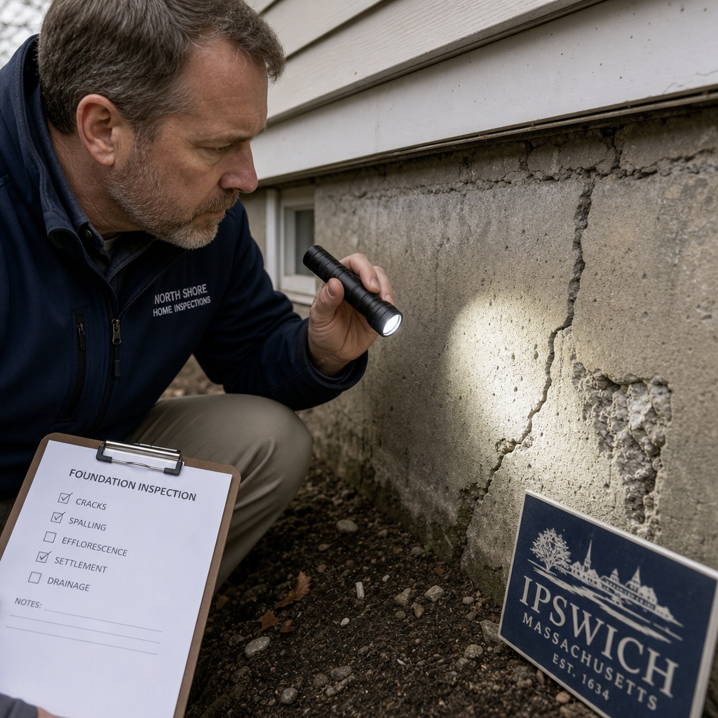 Home inspector examining foundation cracks in a new house in Ipswich.
