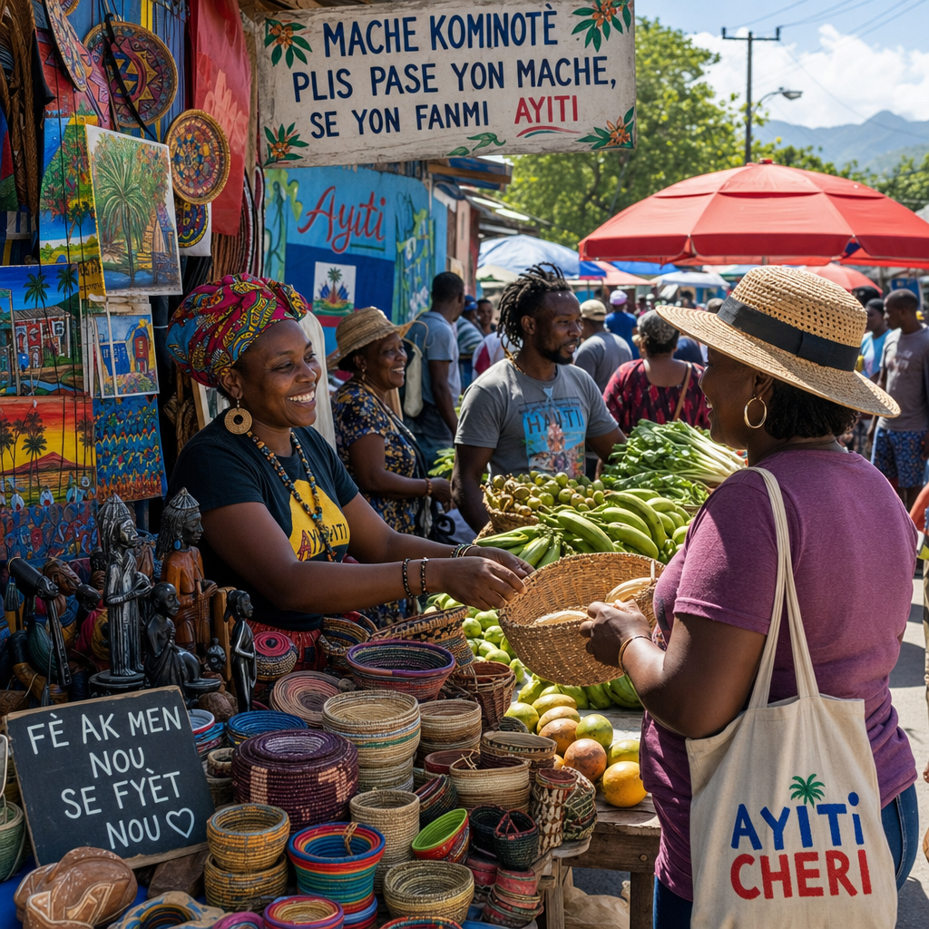 Local marketplace in Haiti with artisans and colorful goods.