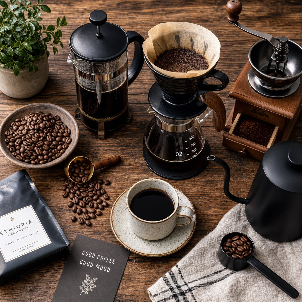 Flat lay of unique coffee brewing equipment and fresh coffee beans.