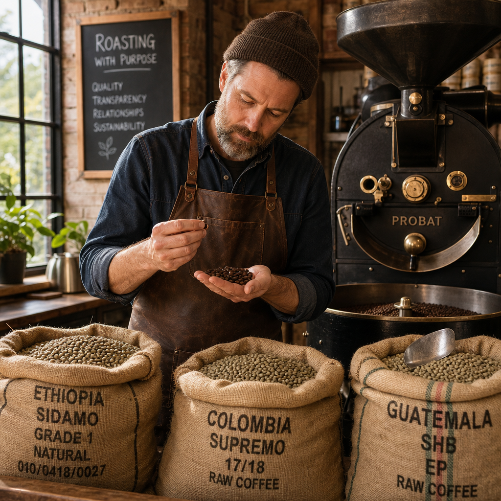 Artisan coffee roaster inspecting beans in a rustic workshop.
