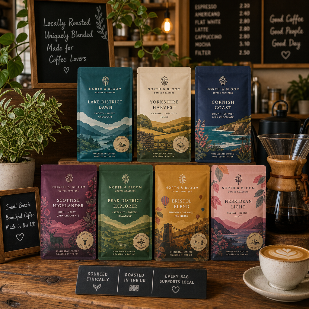 Display of elegantly packaged artisanal coffee blends on a café counter.
