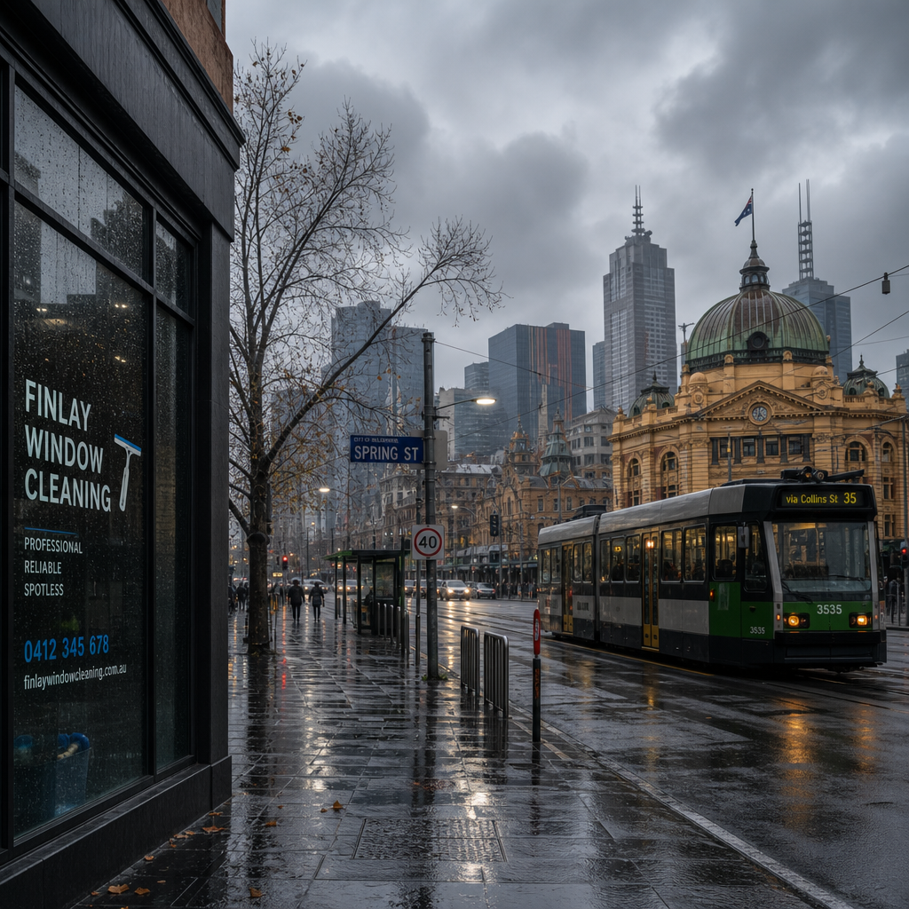 Melbourne street under cloudy winter skies with wet sidewalks. window cleaning Melbourne experts - vibrant property services