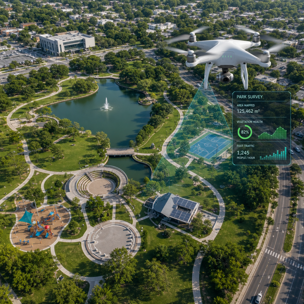 Luftfoto af en kommunal park med en drone i luften