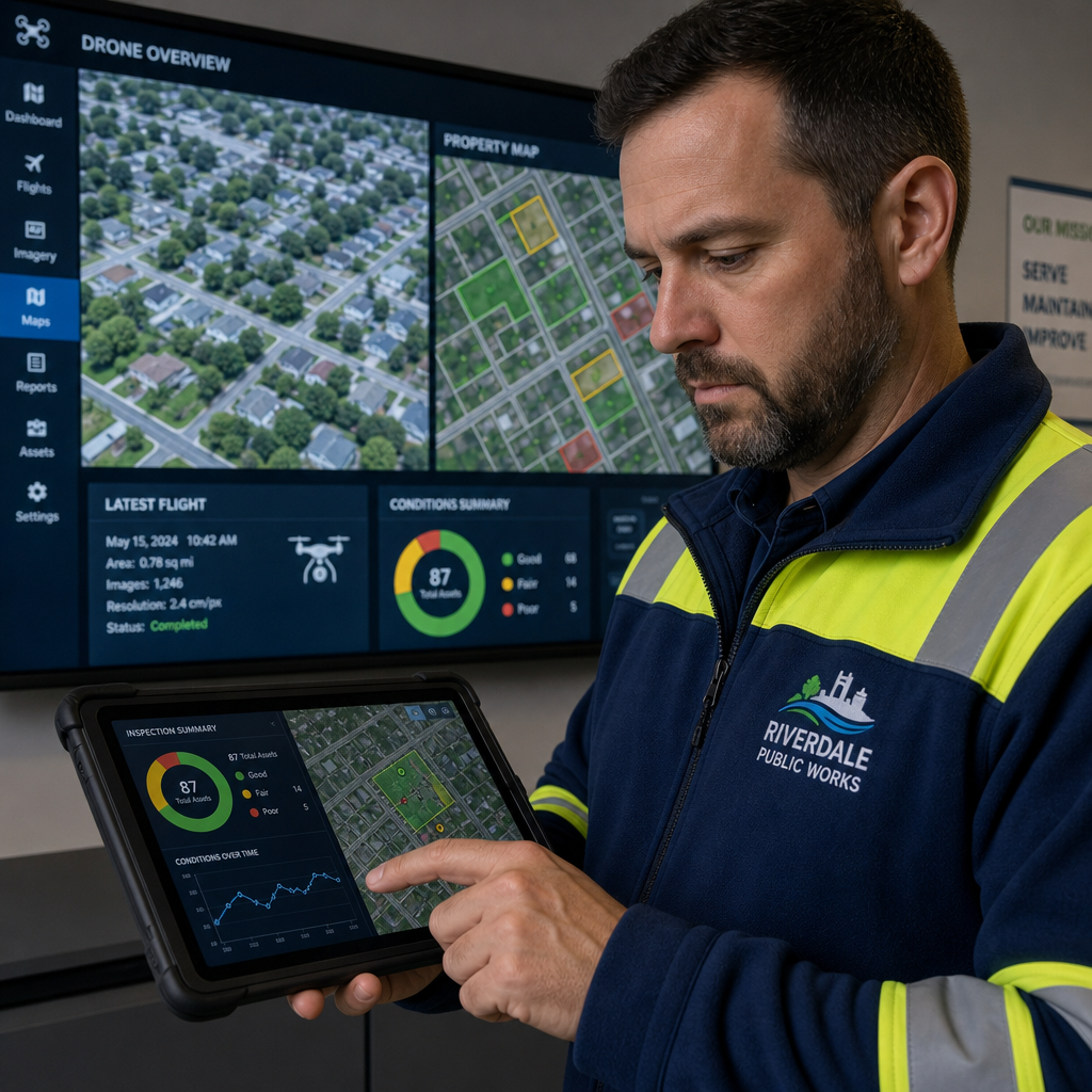Kommunal medarbejder gennemgår dronedata på en tablet