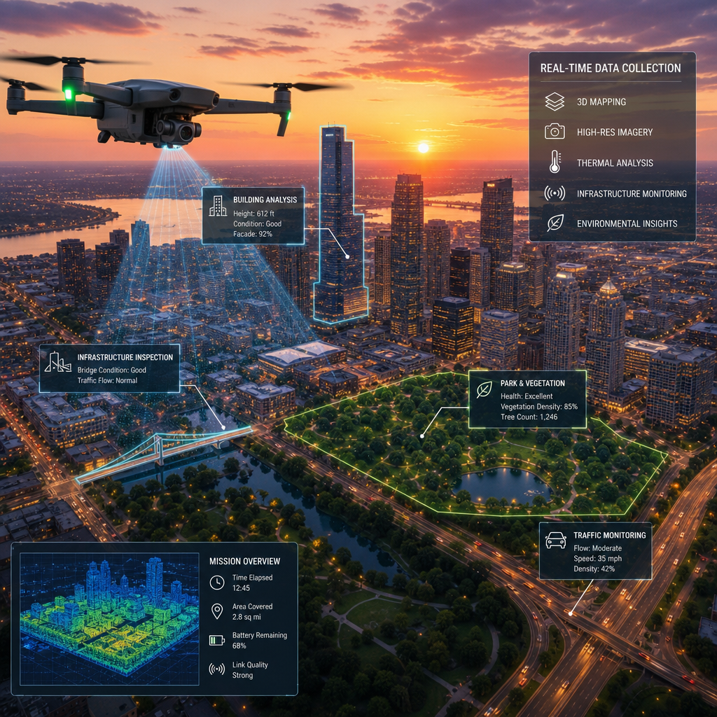 Bybillede ved solnedgang med en drone i forgrunden