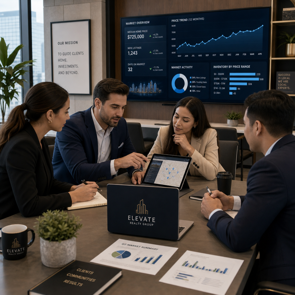 Real estate team discussing strategies in a modern office.