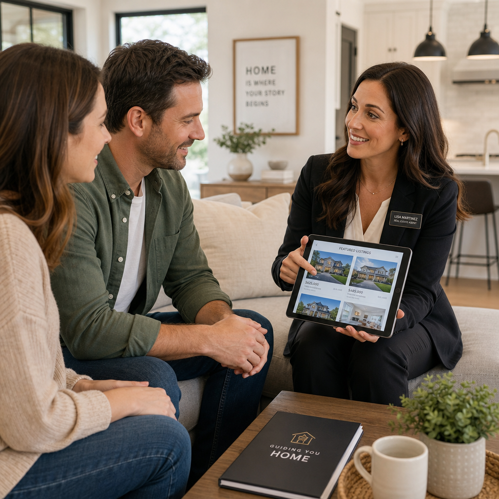 Real estate agent presenting listings to clients in a home.