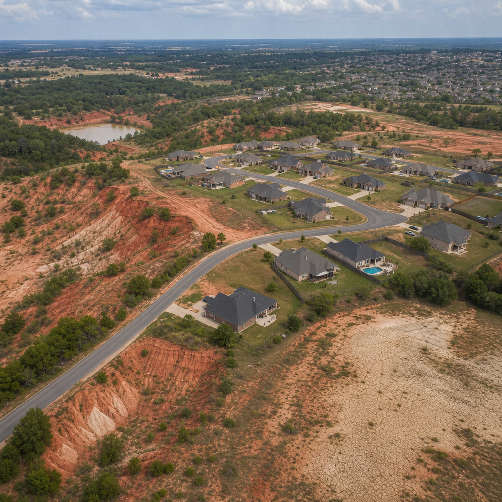 Vue aérienne d'un quartier avec des maisons sur un sol argileux