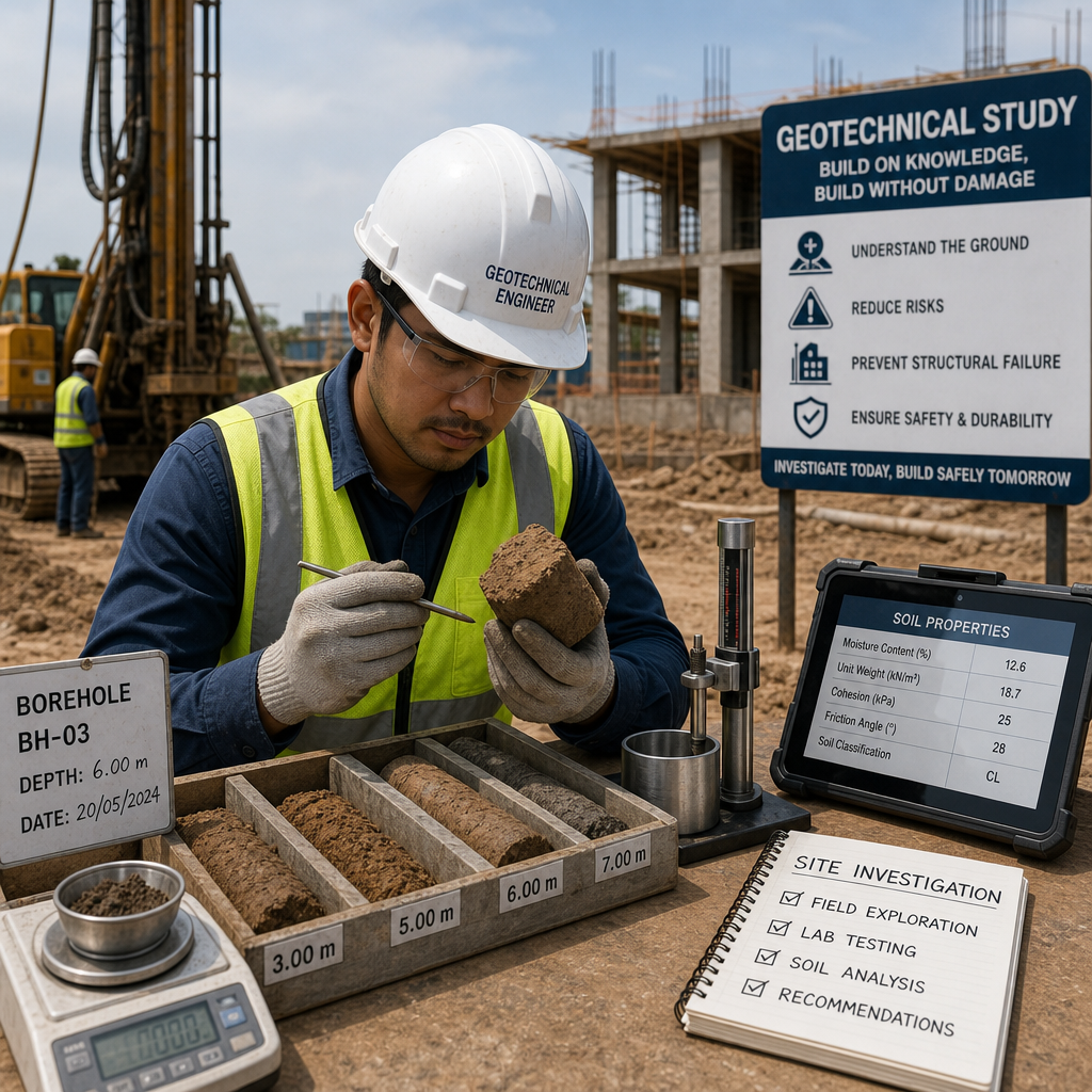 Ingénieur géotechnique analysant des échantillons de sol sur un chantier