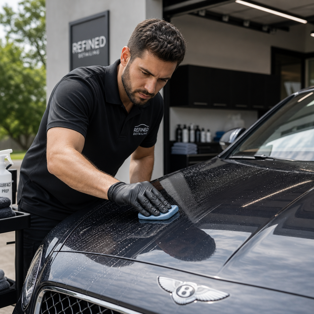 Detailer using clay bar on luxury car hood to remove contaminants.