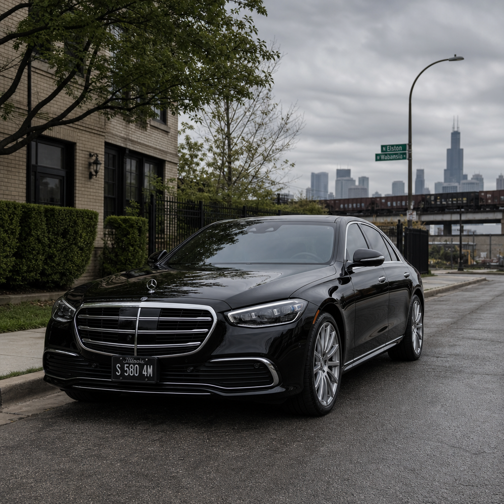 Luxury car parked on a Chicago street with urban backdrop.