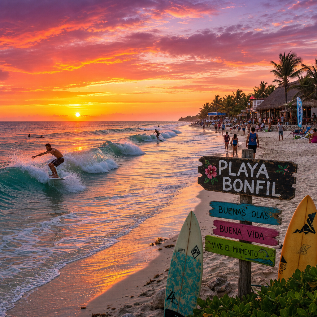Surfers at Playa Bonfil during sunset