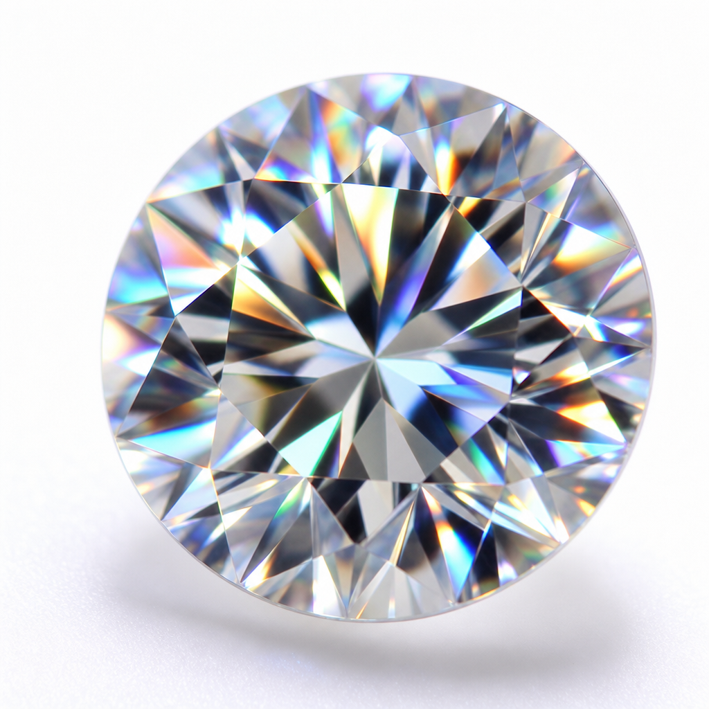 Macro closeup of a moissanite gemstone displaying brilliant sparkle and light refraction