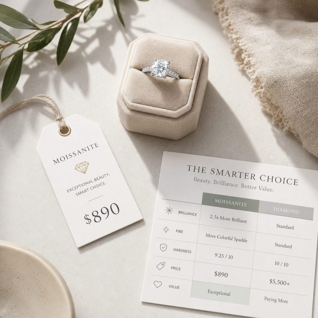 Overhead view of a moissanite engagement ring with pricing information suggesting value proposition