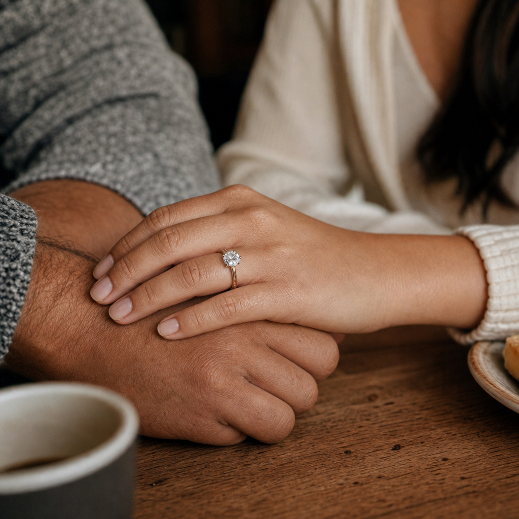 Couple's hands showing off a moissanite engagement ring in an intimate everyday moment