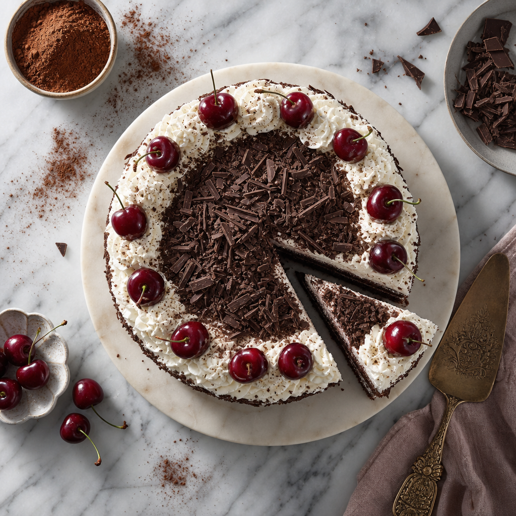 Black Forest Gateau cake with chocolate shavings and cherries on marble surface