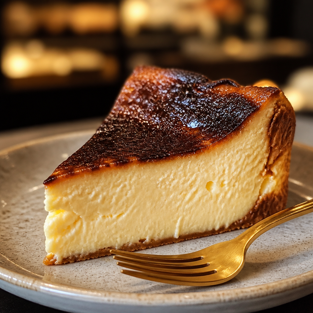 Burnt cheesecake slice with caramelized top on ceramic plate