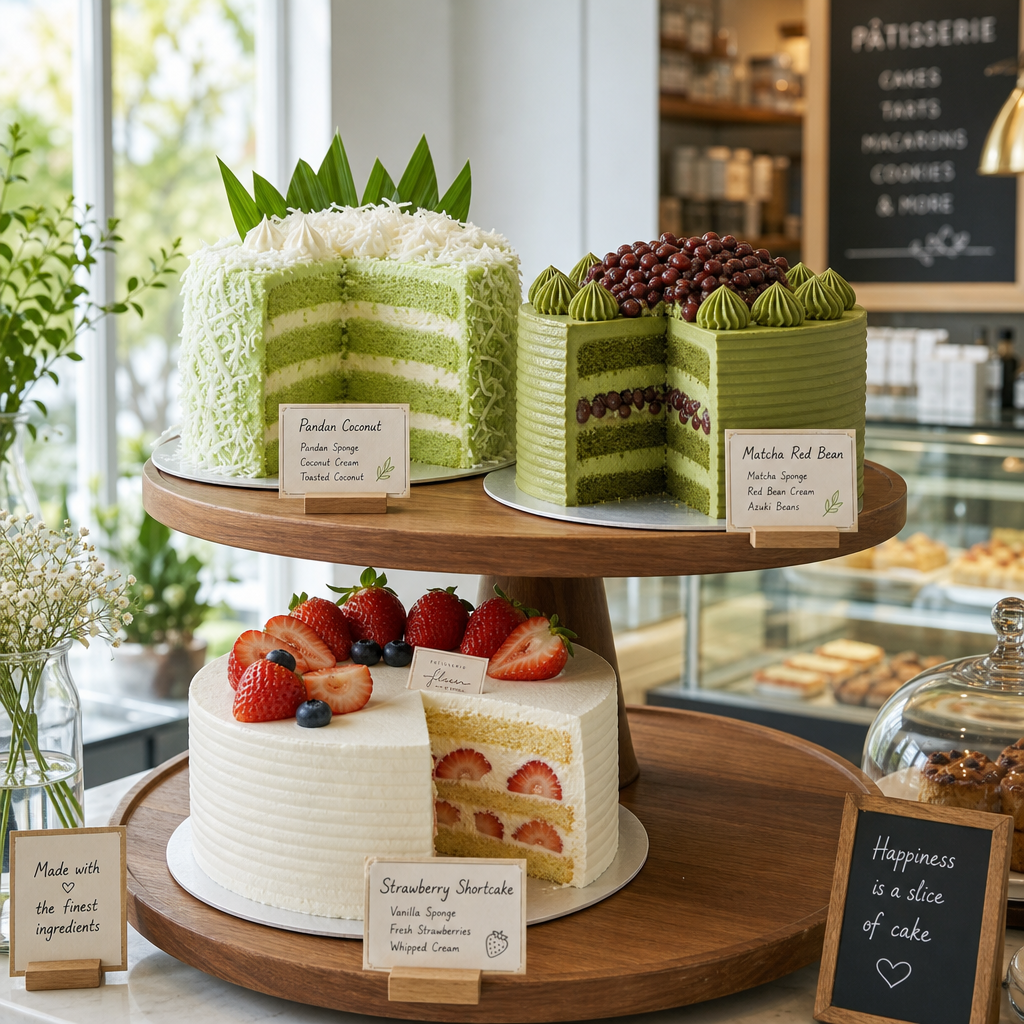 Multiple cake flavours displayed on tiered wooden stand in modern bakery