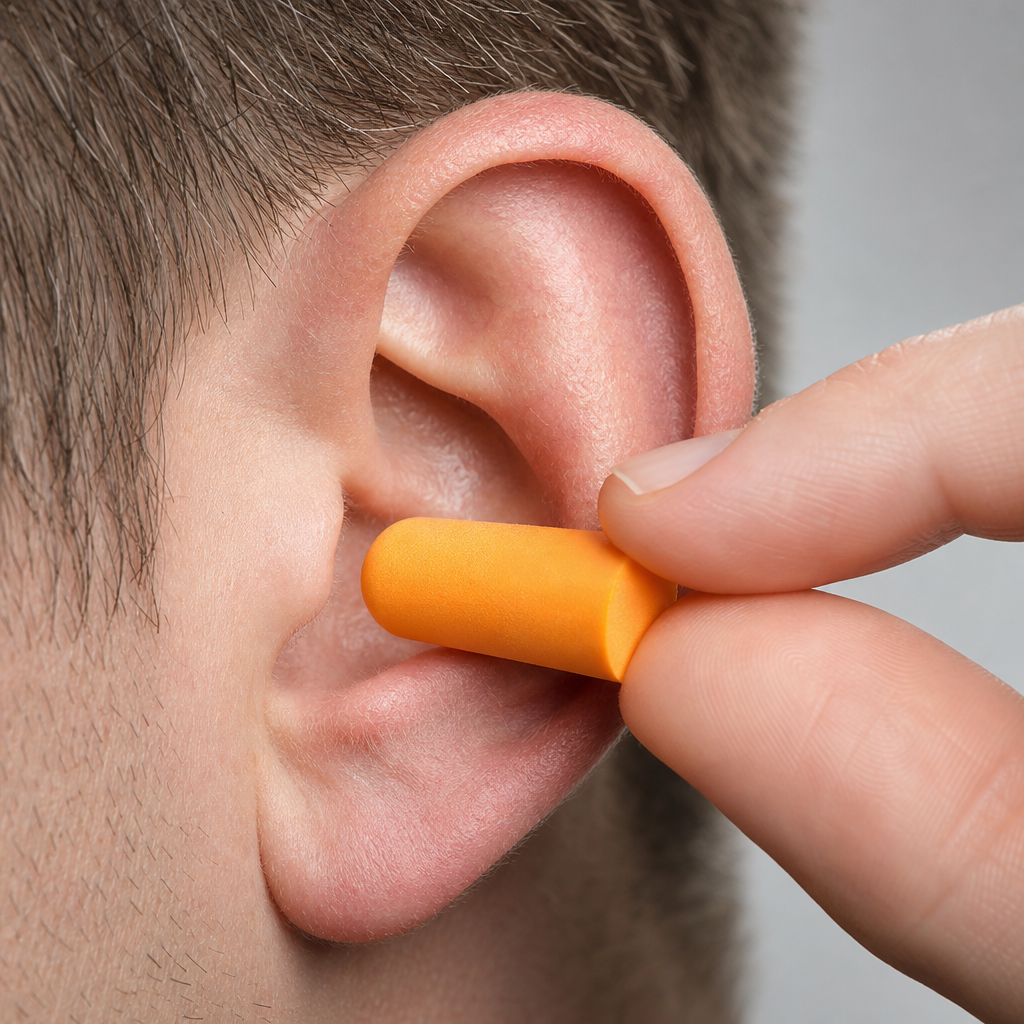 Close-up of correct ear plug insertion technique into ear canal