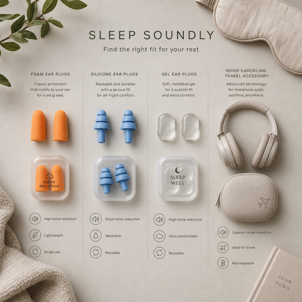 Flat-lay arrangement of various ear plug types and in-flight sleep accessories