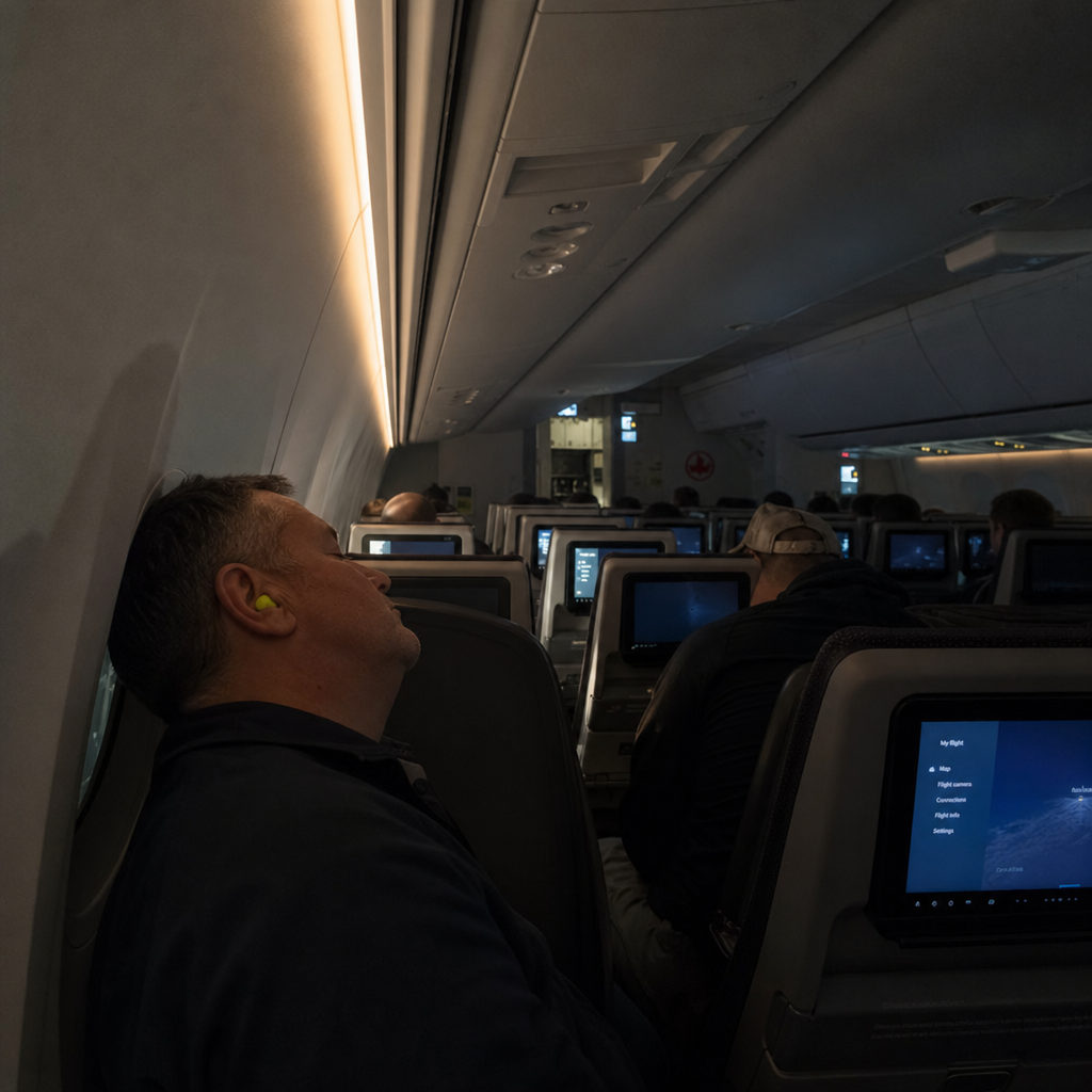 Passenger wearing ear plugs sleeping in airplane cabin seat during flight
