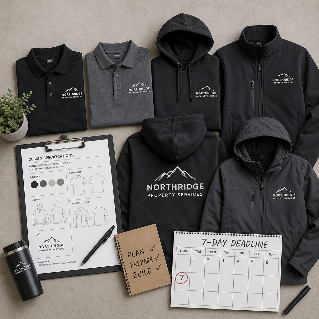 Branded workwear collection with design specifications and 7-day timeline calendar