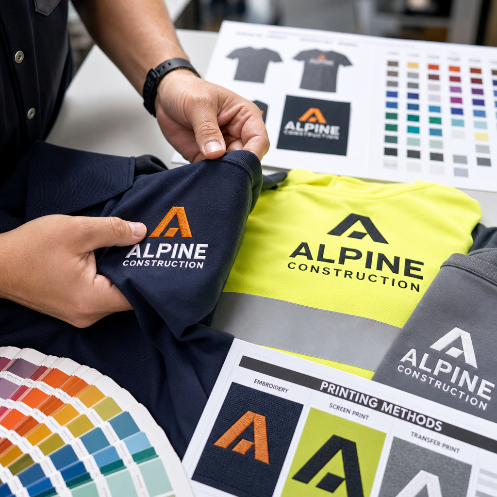 Detail of embroidered and screen-printed workwear samples being quality checked