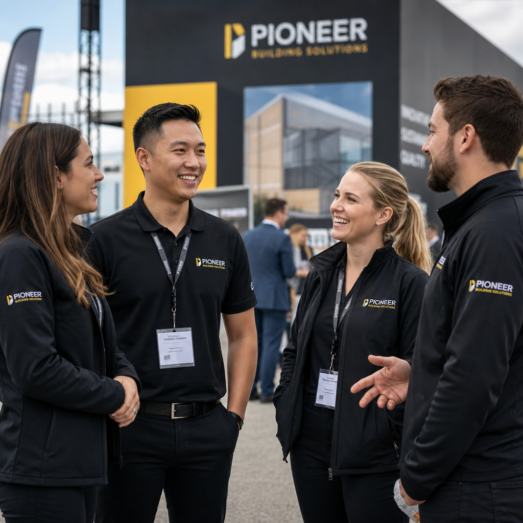 Professional team wearing coordinated branded workwear at a business event