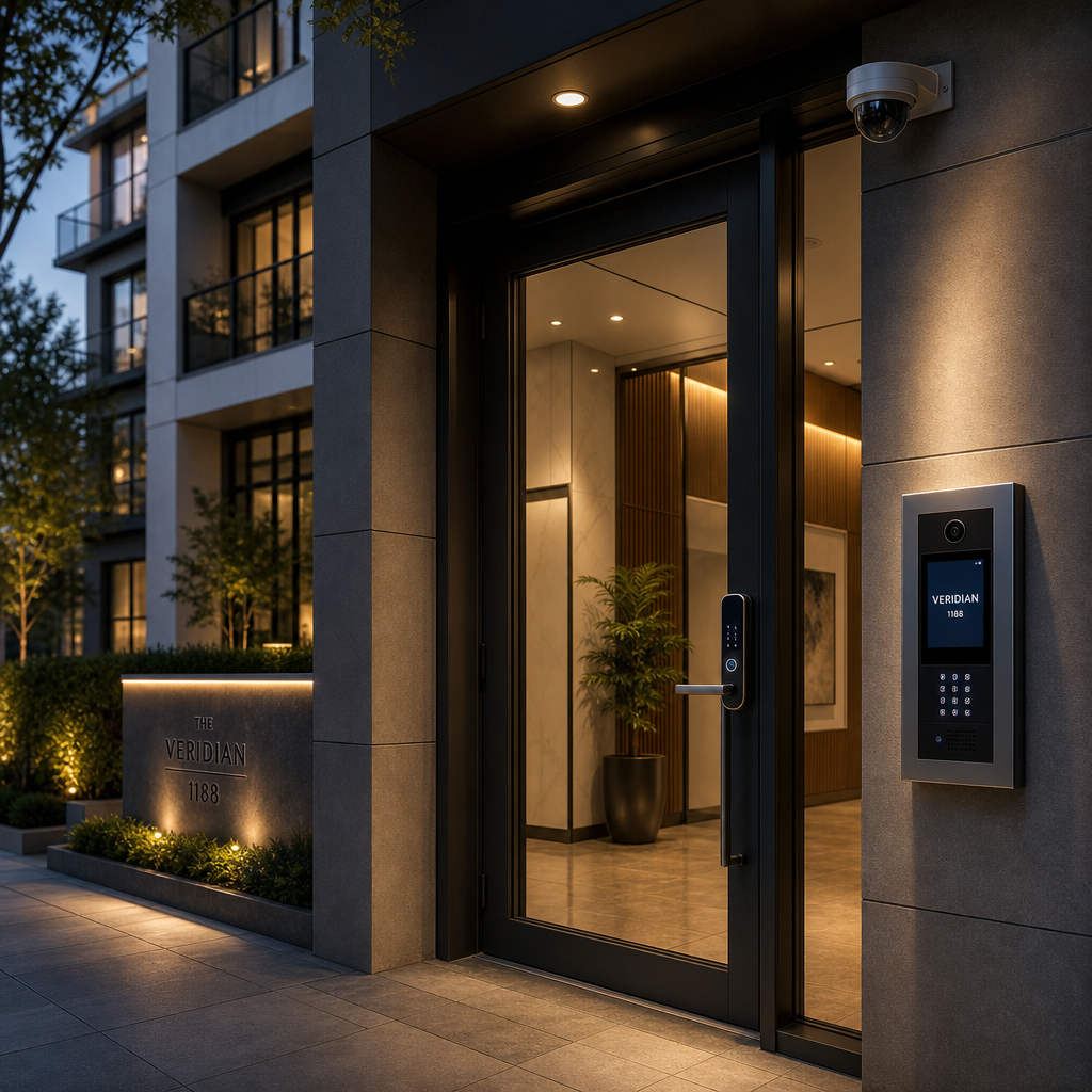 Building entrance showing integrated intercom, smart lock, and CCTV camera systems