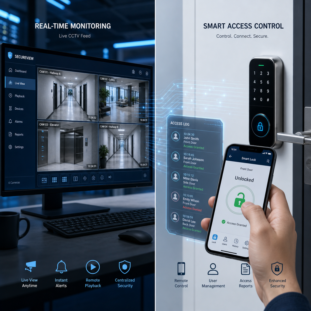 Security monitoring interface showing CCTV feed and mobile access control integration