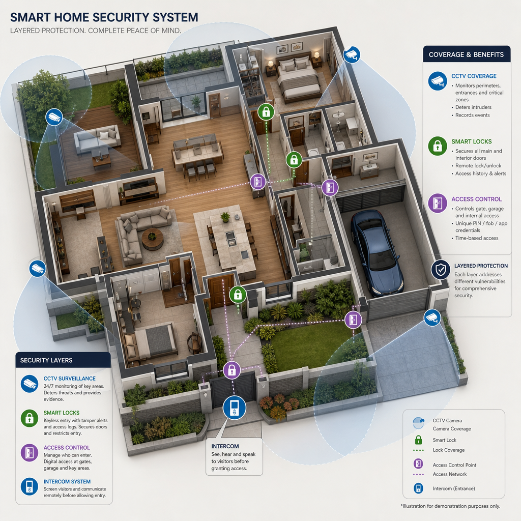 Floor plan illustration showing layered security system coverage and integration points