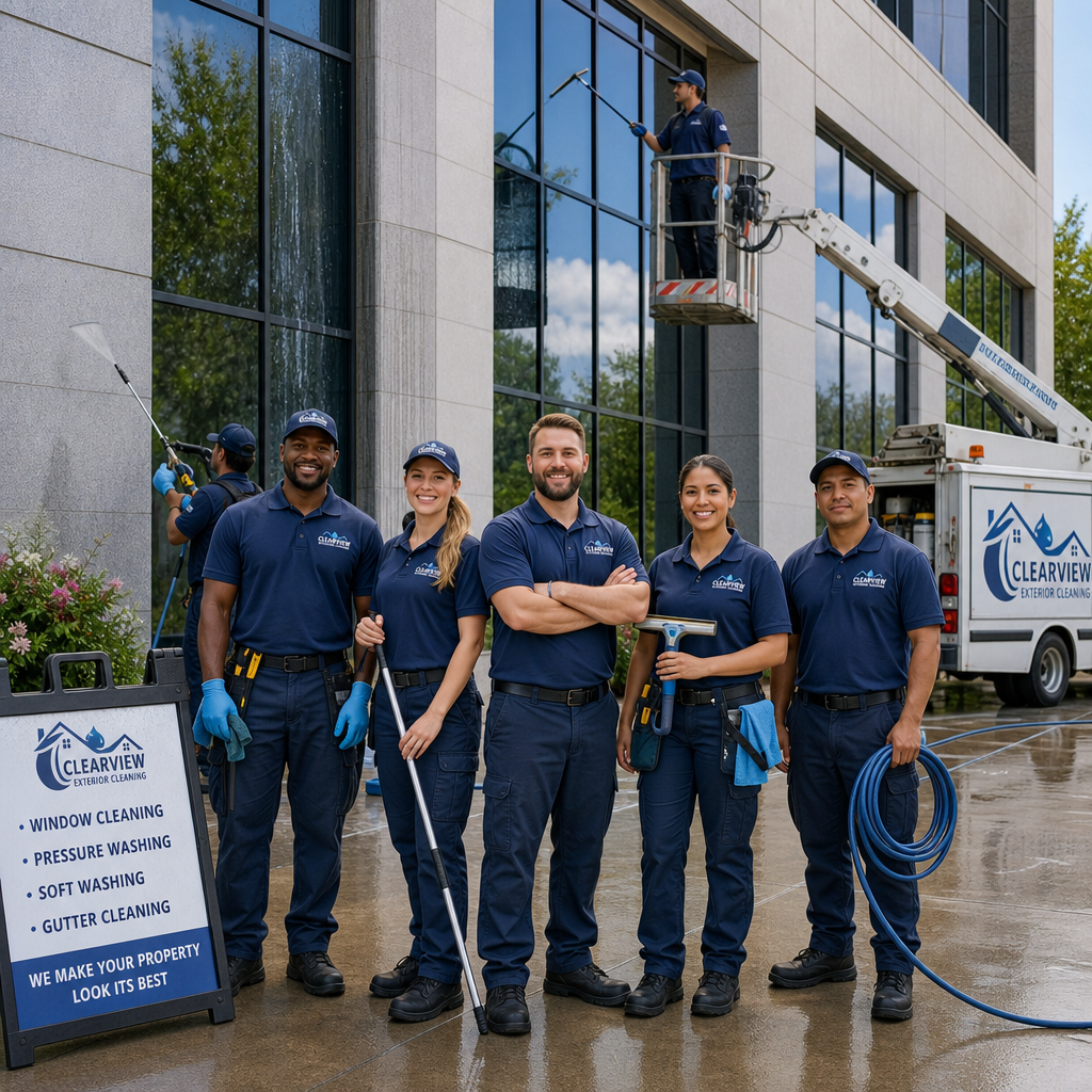Team of cleaning professionals working together on a commercial building's exterior