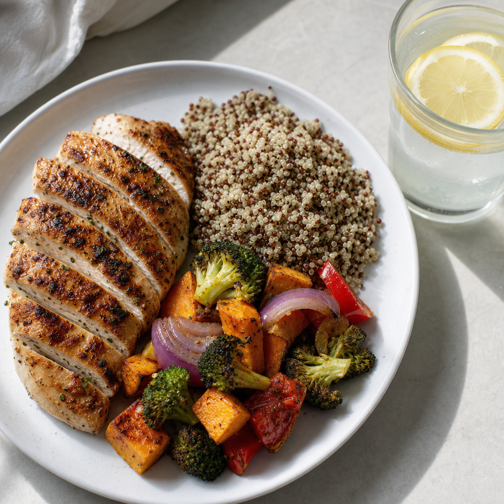 Post-workout recovery meal with protein, carbs, and vegetables on a plate with electrolyte drink