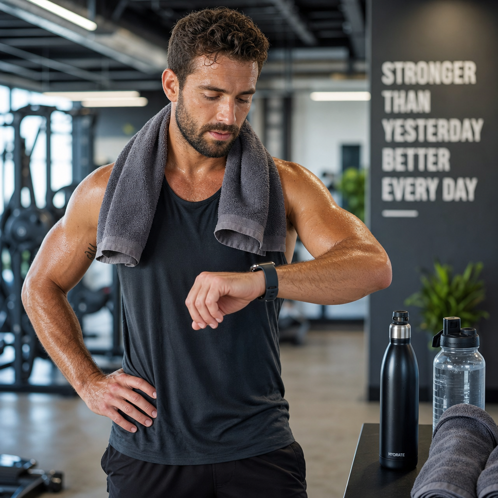 Athlete monitoring time on smartwatch post-workout to track recovery nutrition timing
