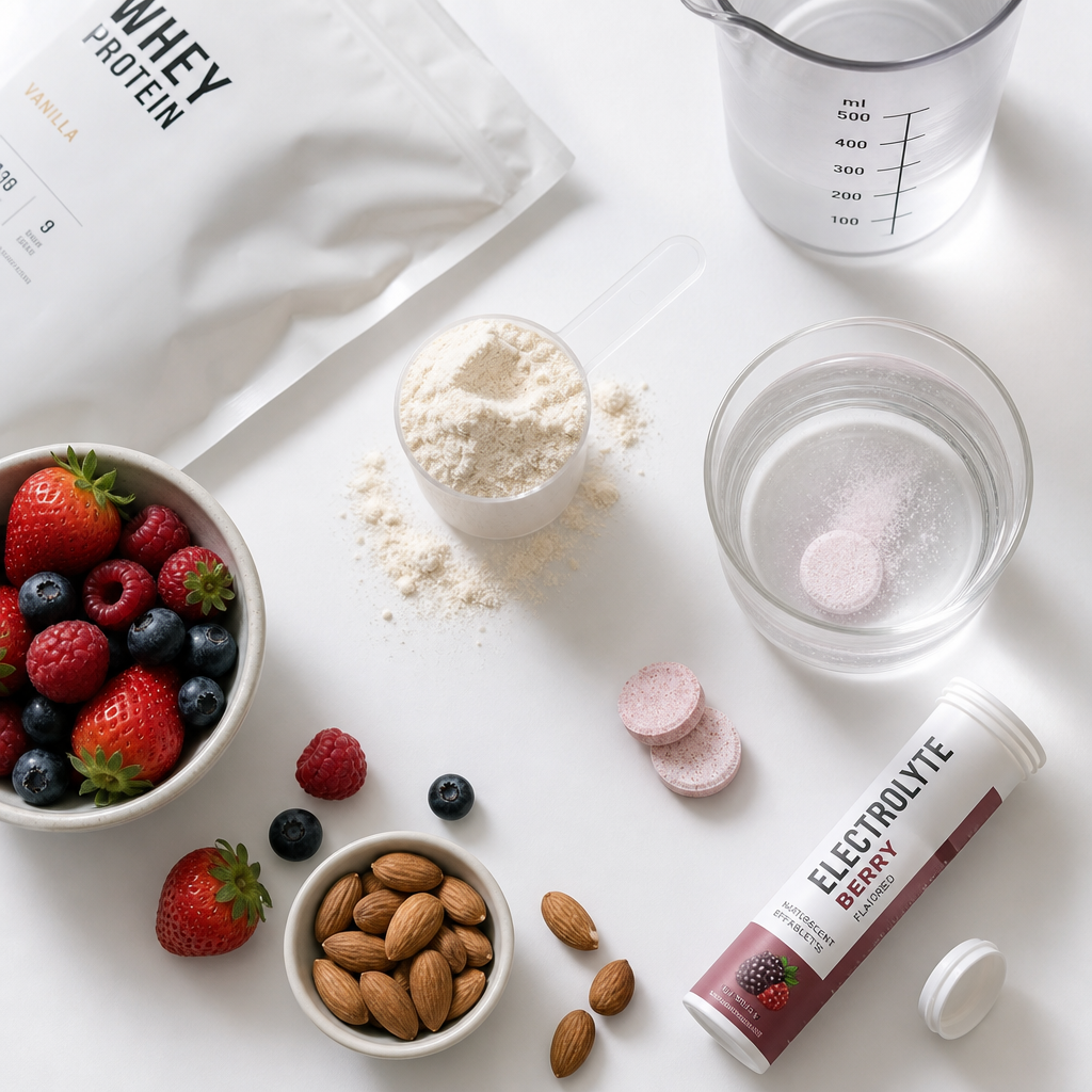 Collection of recovery nutrition supplements and whole foods arranged on a flat surface