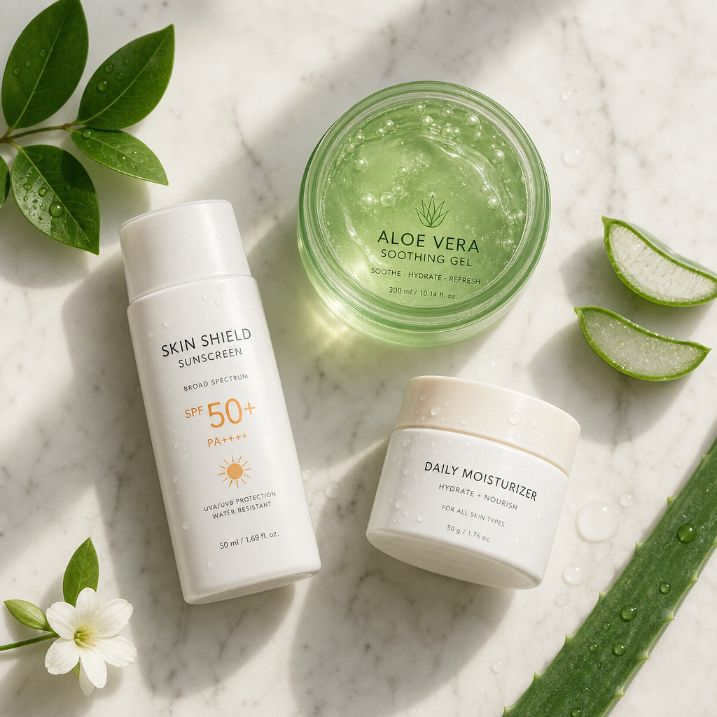 Summer skincare products including sunscreen and moisturizer arranged on marble surface