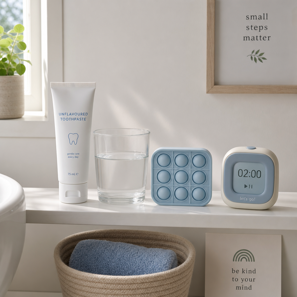 Sensory-friendly dental care items arranged on a bathroom shelf including unflavoured toothpaste and fidget tools