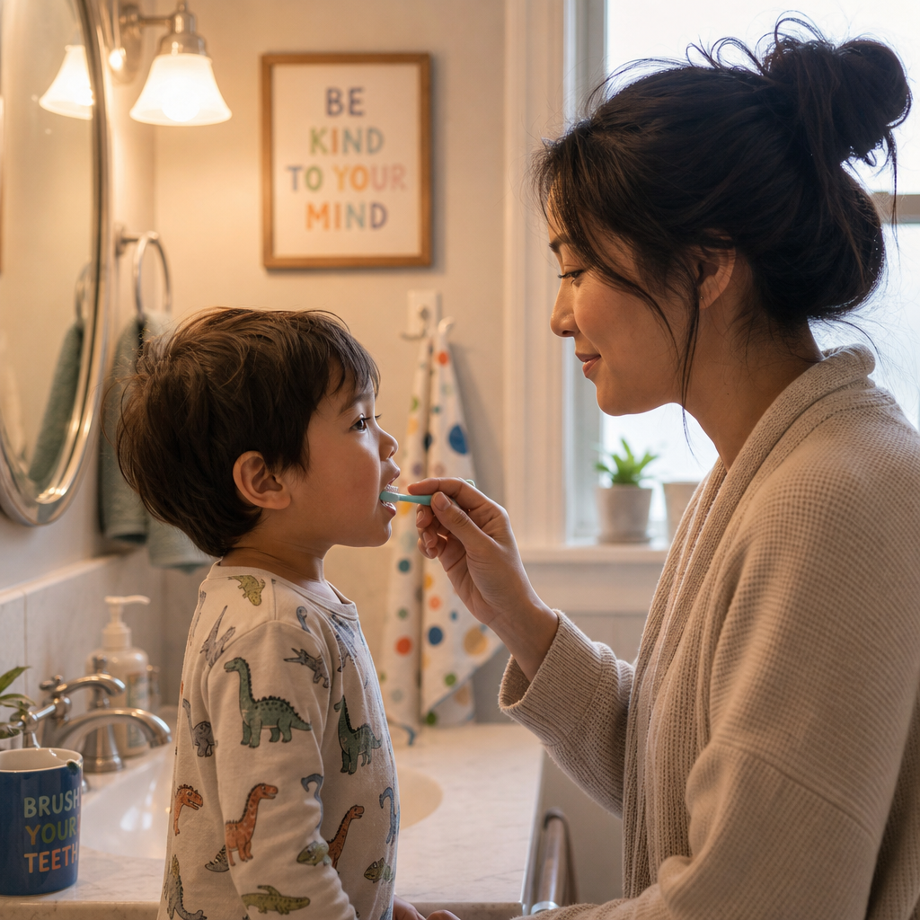 Parent and child together during a calm, patient tooth brushing routine