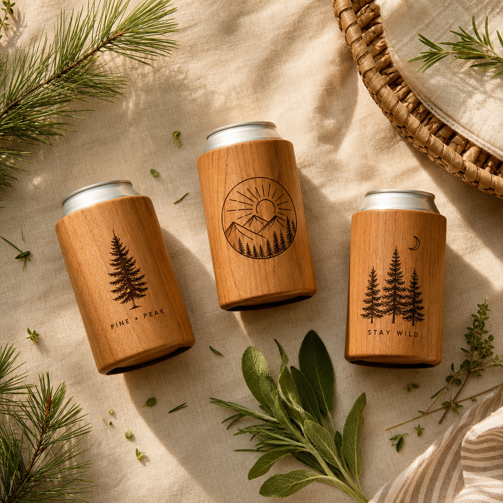 Wooden can insulators displayed on linen with natural elements