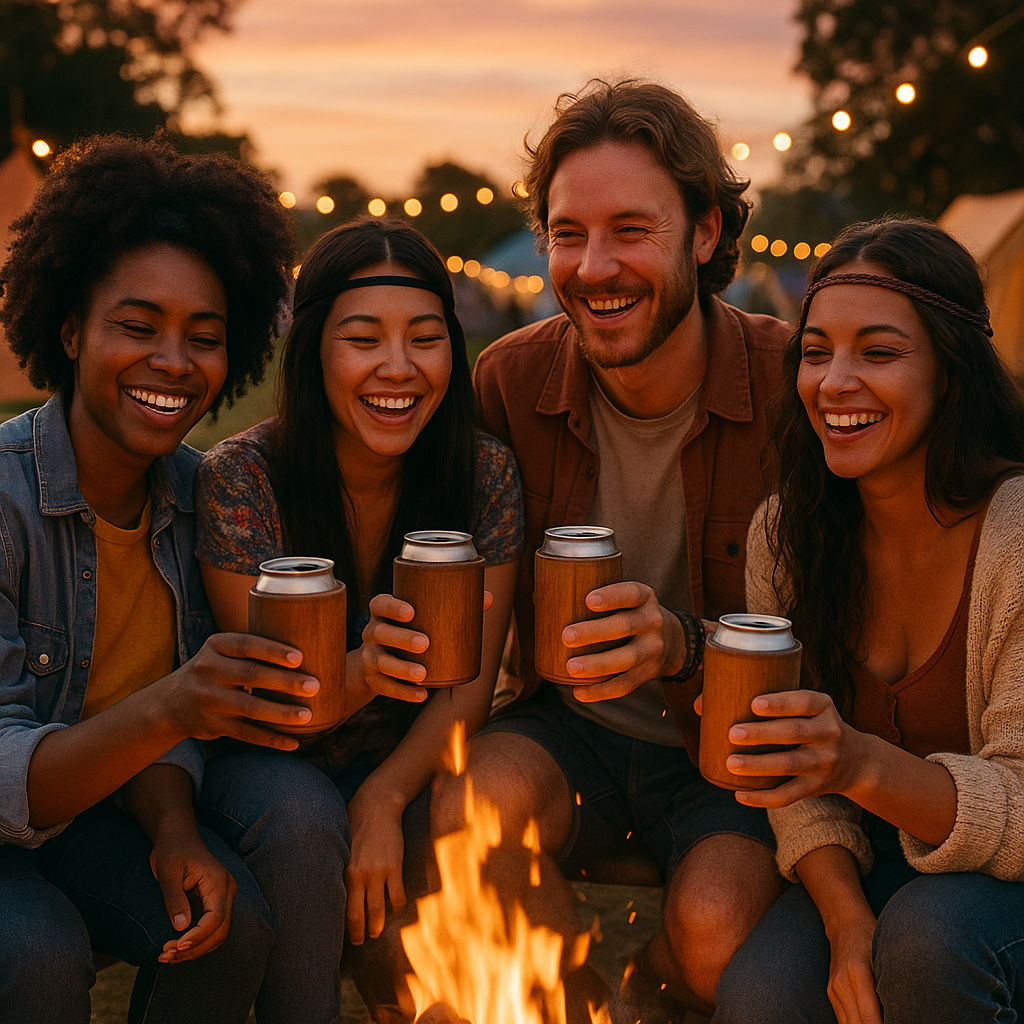 Friends enjoying drinks at a summer campfire with wooden insulated cans