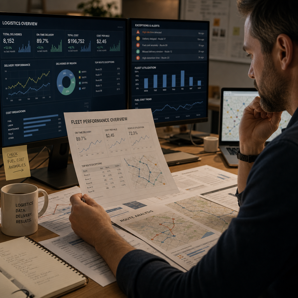 Logistics professional analyzing transport data and fleet metrics at desk with multiple screens