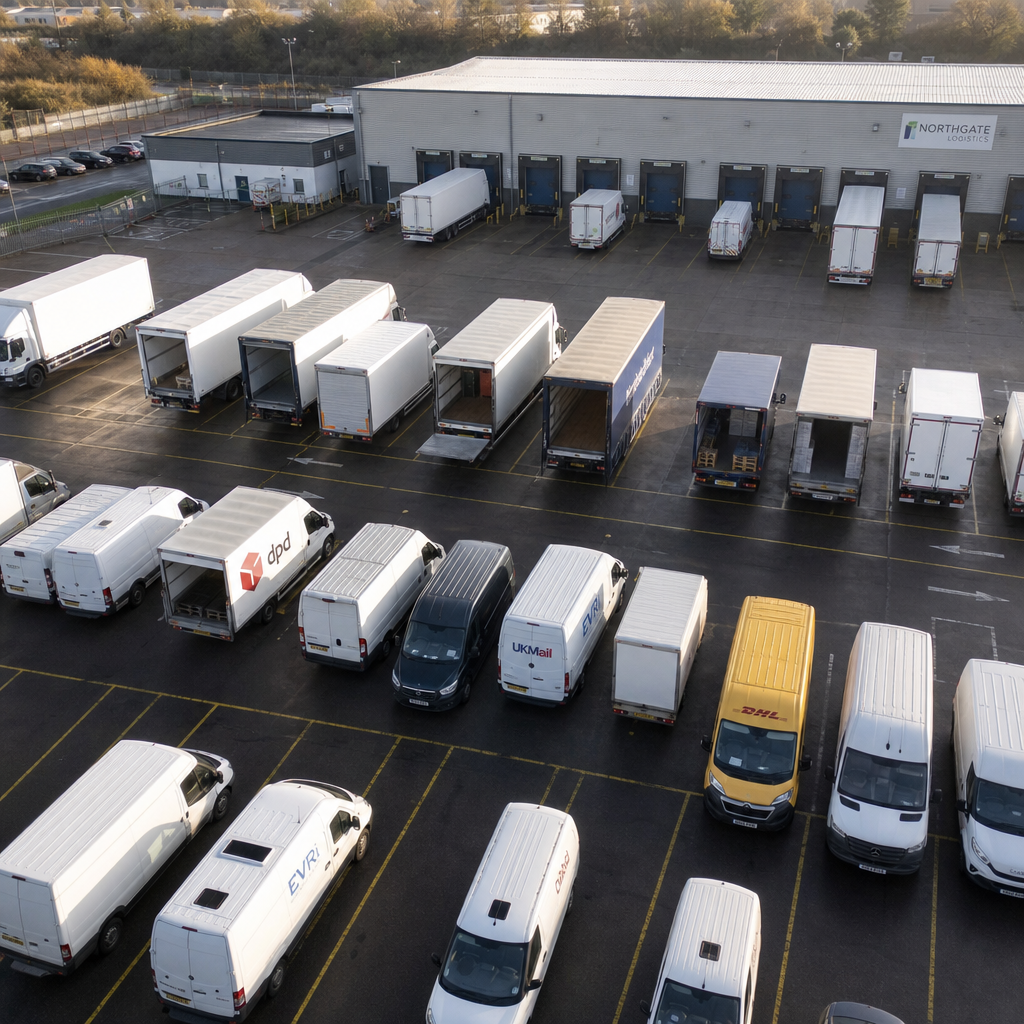 Fleet of delivery vehicles at logistics depot showing varied capacity utilization