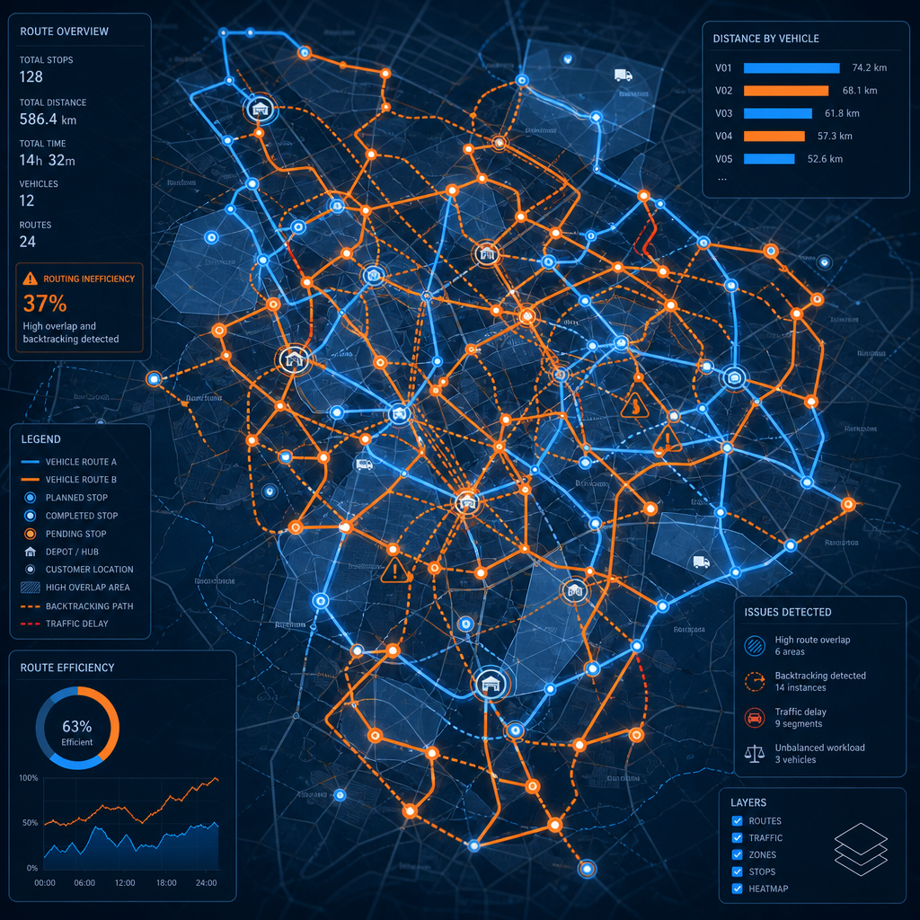 Digital map interface displaying complex and overlapping delivery routes