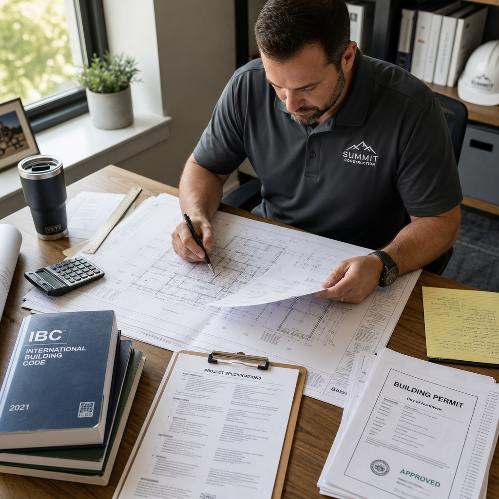 Contractor reviewing garage conversion plans and building regulations documentation